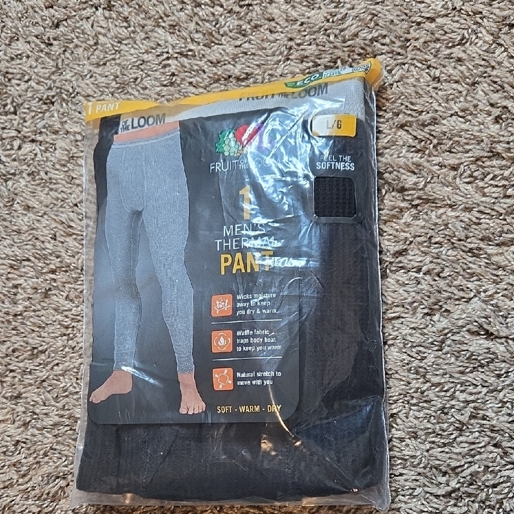 Fruit of the Loom Men's Large Black Thermal Pants Soft Warm Dry